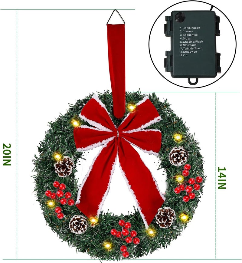 Hausse Set of 3 Christmas Wreaths, Lighted Artificial Christmas Wreath with Large Red Bow & Ornaments, Battery Operated with LED Lights, for Front Door Gate Wall Christmas Party Decorations - Image 2