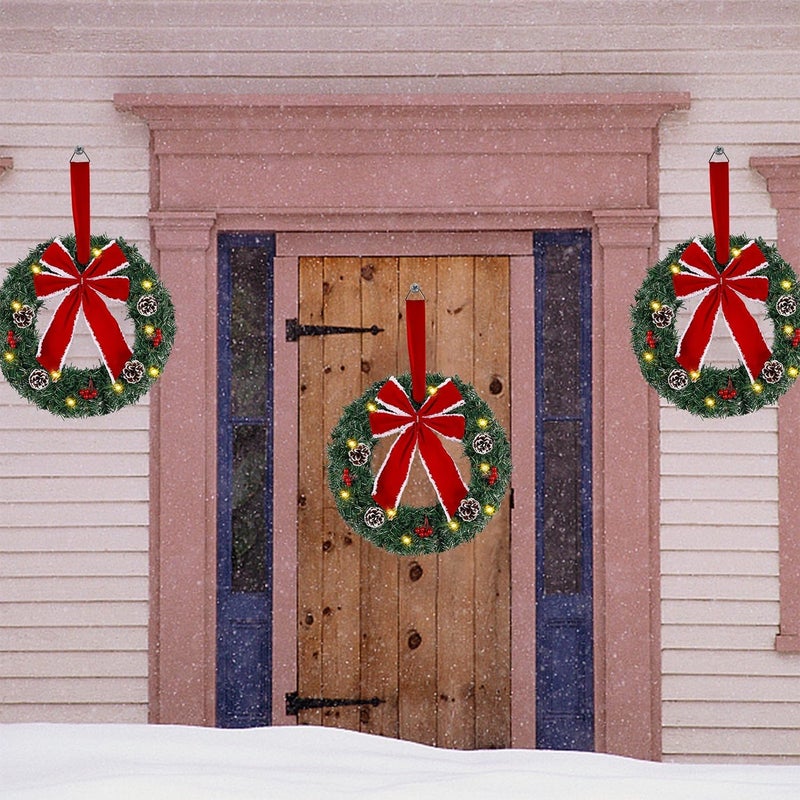 Hausse Set of 3 Christmas Wreaths, Lighted Artificial Christmas Wreath with Large Red Bow & Ornaments, Battery Operated with LED Lights, for Front Door Gate Wall Christmas Party Decorations - Image 5