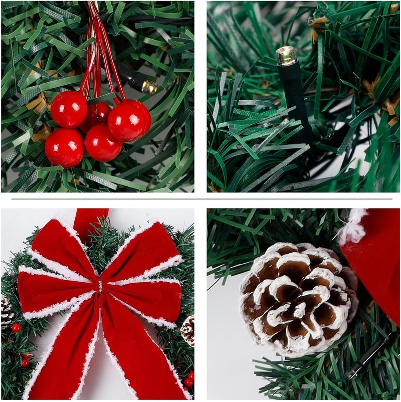 Hausse Set of 3 Christmas Wreaths, Lighted Artificial Christmas Wreath with Large Red Bow & Ornaments, Battery Operated with LED Lights, for Front Door Gate Wall Christmas Party Decorations - Image 4