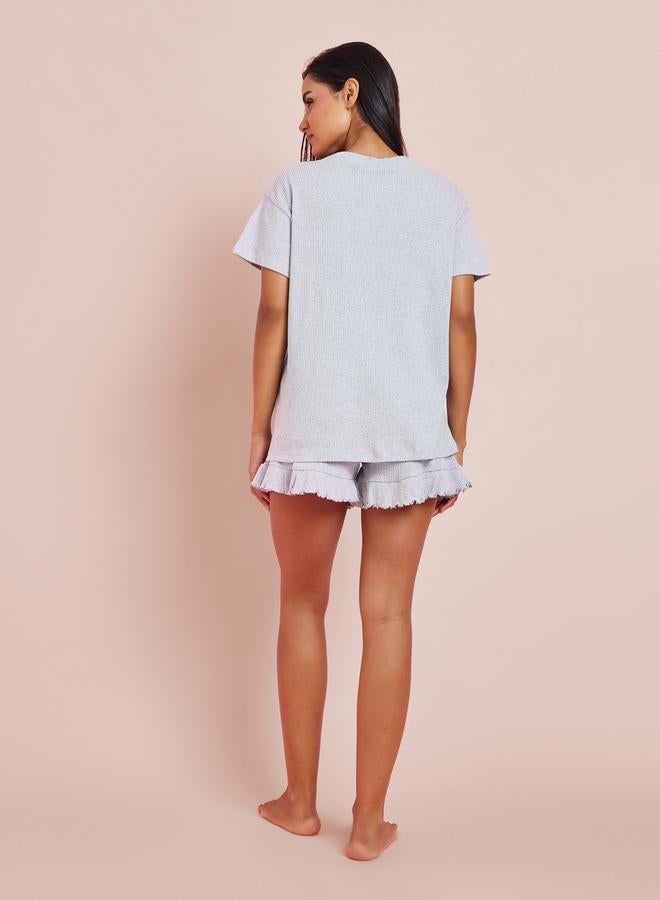 Styli Grey Rib Drop Shoulder Cotton T-Shirt and Ruffle Edge Short Set - Image 5