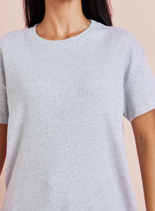 Styli Grey Rib Drop Shoulder Cotton T-Shirt and Ruffle Edge Short Set - Image 3
