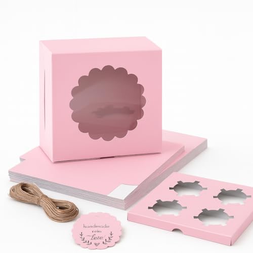 mudrit Cupcake Boxes with Insert, Brown Cupcake Carrier, Food Grade Kraft Bakery Boxes with Windows and Inserts to Fit 4 Each Pack For Cupcakes Muffins or Pastries (Pink, Pack of 10) - Image 1