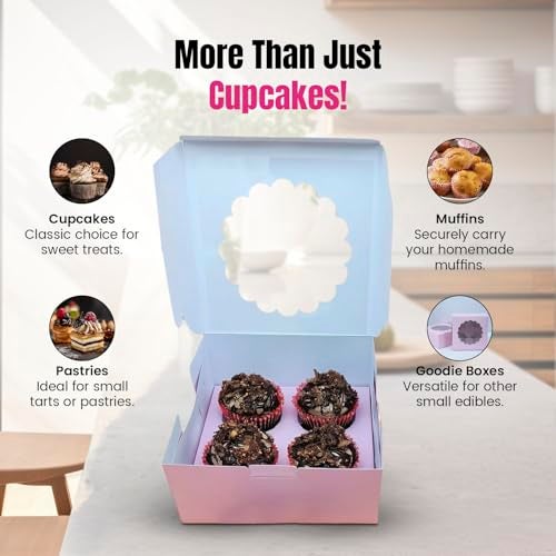mudrit Cupcake Boxes with Insert, Brown Cupcake Carrier, Food Grade Kraft Bakery Boxes with Windows and Inserts to Fit 4 Each Pack For Cupcakes Muffins or Pastries (Pink, Pack of 10) - Image 5