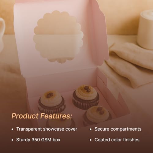 mudrit Cupcake Boxes with Insert, Brown Cupcake Carrier, Food Grade Kraft Bakery Boxes with Windows and Inserts to Fit 4 Each Pack For Cupcakes Muffins or Pastries (Pink, Pack of 10) - Image 4
