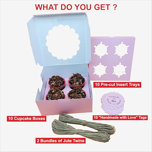 mudrit Cupcake Boxes with Insert, Brown Cupcake Carrier, Food Grade Kraft Bakery Boxes with Windows and Inserts to Fit 4 Each Pack For Cupcakes Muffins or Pastries (Pink, Pack of 10) - Image 2