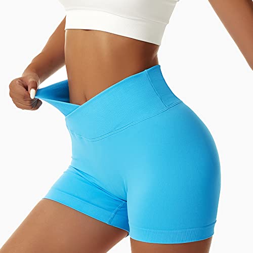 Vertvie Women's Workout Gym Shorts Booty V Cross Spandex Yoga Biker Shorts Scrunch Butt High Waisted Athletic Leggings (Blue,Medium) - Image 2