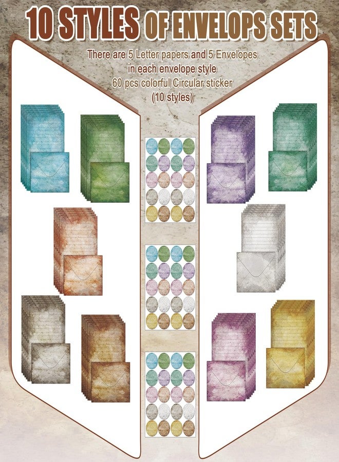 تاوباري مجموعة أوراق قرطاسية من تاوباري مكونة من 160 قطعة، 50 ورقة قرطاسية مزدوجة الجوانب مع 50 ظرفًا متطابقًا و60 ملصقًا دائريًا منقطًا، 10 تصميمات (عتيق، 8.25 × 5.5 بوصة) - Image 4