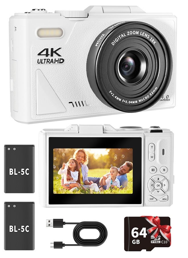 إيكويكام كاميرا رقمية بدقة 4K للتصوير الفوتوغرافي، كاميرا فيديو تدوين بدقة 64 ميجابكسل، شاشة قلابة 3 بوصات بزاوية 180 درجة مع تقريب بصري 18X، كاميرات فيديو تدوين سفر مدمجة، بطاقة SD سعة 64 جيجابايت، بطاريتان  - Image 1