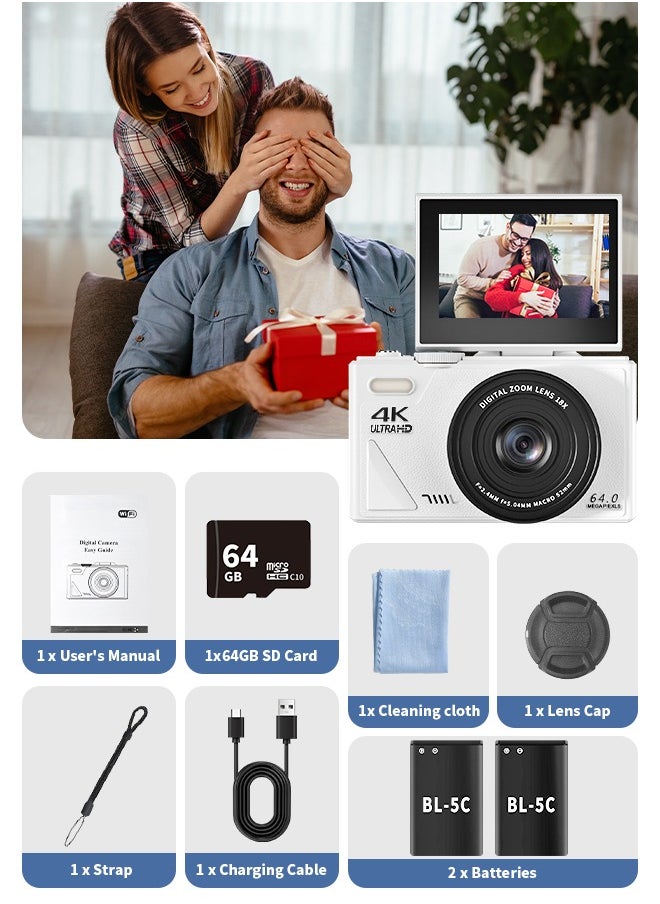 إيكويكام - كاميرا رقمية، كاميرات رقمية بدقة 4K مع بطاقة SD سعة 64 جيجابايت، كاميرات رقمية بدقة 64 ميجابكسل للتصوير، كاميرا فيديو مدمجة مع تقريب 18X، كاميرات سفر بشاشة 3 بوصات قابلة للطي بزاوية 180 درجة، بطاريتان - Image 1