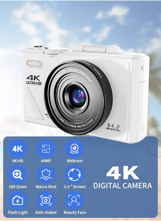 إيكويكام كاميرا رقمية، كاميرات رقمية بدقة 4K مع بطاقة SD سعة 64 جيجابايت، كاميرات رقمية بدقة 64 ميجابكسل للتصوير، كاميرا فيديو مدمجة مع تقريب 18X، كاميرات سفر بشاشة 3 بوصات قابلة للطي بزاوية 180 درجة، بطاريتان  - Image 2