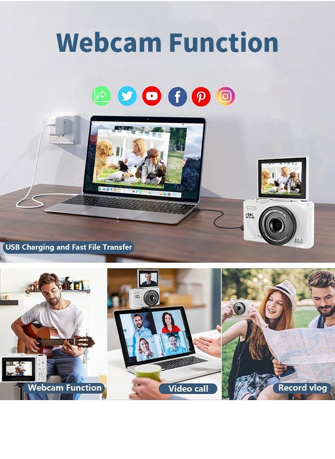 Digital Camera, 4K Cameras Digital with 64GB SD Card, 64MP Digital Cameras for Photography,  Vlogging Camera for Video Cameras Compact Cameras with 18X Zoom, Travel Camaras with 3" 180° Flip Screen, 2 Batteries