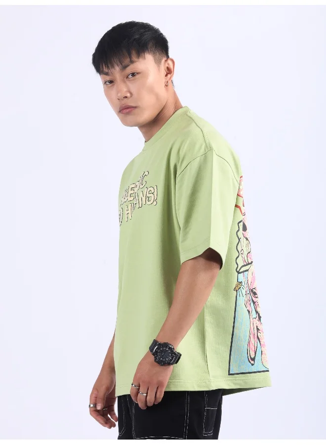 بيونغ Pista Green Allergic To Human Puff Printed Oversized T-Shirt