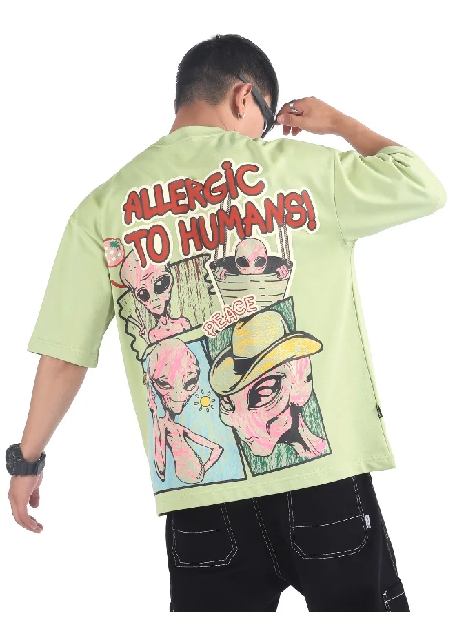 بيونغ Pista Green Allergic To Human Puff Printed Oversized T-Shirt