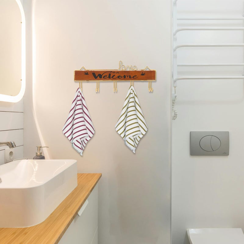 Gold Wall Mounted Towel Rack Metal Frame Rustic Wood Bathroom Hanger Single Piece Storage - Image 5