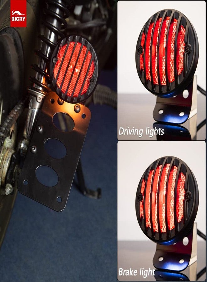 KICRY Motorcycle Side Mount License Plate Bracket with LED Tail Brake Light, 3/4" Axle Hole Rear Mount, Brake Running Plate Light Compatible with Harley Cruiser Bobber Chopper Cafe Racer (Black Grille Kit) - Image 3