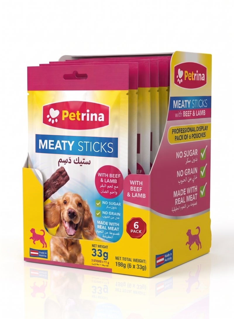 Petrina Meaty Sticks Dog Treats with Beef & Lamb – Grain-Free, No Added Sugar Dog Chews Made with Real Meat | Premium Nutrition Reward Snacks for All Breeds & Sizes | 33g Pack of 6 (Total 18 Sticks - 198g) - Image 1
