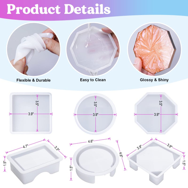 LET'S RESIN 18 Pcs Coaster Resin Molds Silicone, Coaster Molds with Round Square Octagon Shape Holder Molds for Epoxy Resin, DIY Art Craft Cup Mats - Image 2