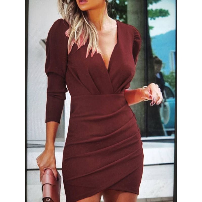 2020 European and American cross-border popular models waist and thin solid color V-neck long-sleeved tight skirt ethnic style nightclub dress women black L - Image 5