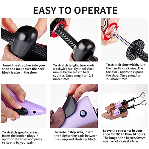 Yalumo Shoe Stretcher Women, Plastic Pair of 4-way Adjustable Shoe Expander Shoe Tree Widener for Wide Feet Bunions, Shoe Shaper Extender Stretch Width Length Height, Women’s Size 5.5-10, Purple/Black - Image 4
