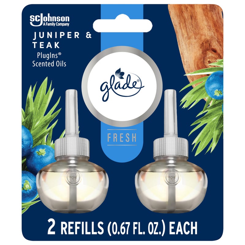 Glade PlugIns Refills Air Freshener, Scented and Essential Oils for Home and Bathroom, Juniper & Teak, Fresh Collection 1.34 Fl Oz, 2 Count - Image 1