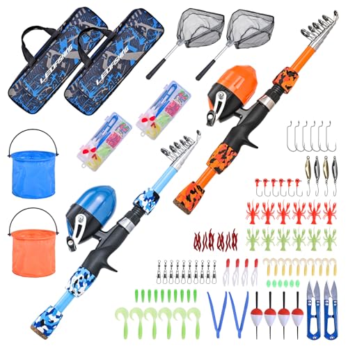 LEOFISHING 2 Set Kids Fishing Pole Set with Full Starter Kits Portable Telescopic Fishing Rod and Reel Cambos with All The Necessary Fishing Kits for Boys Girls and Youth 2set Blue Orange - Image 1
