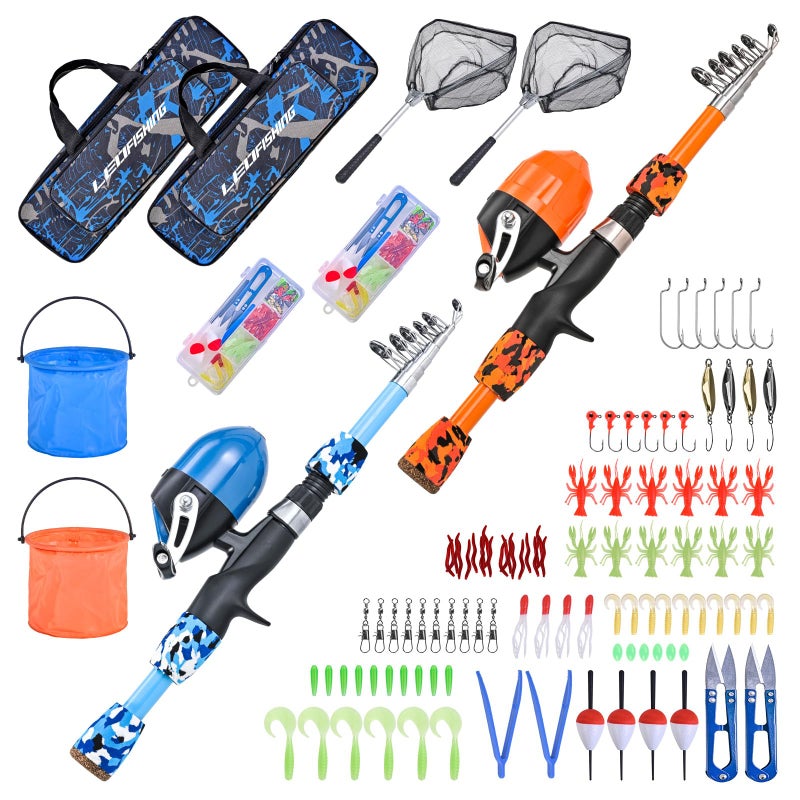 LEOFISHING 2 Set Kids Fishing Pole Set with Full Starter Kits Portable Telescopic Fishing Rod and Reel Cambos with All The Necessary Fishing Kits for Boys Girls and Youth 2set Blue Orange - Image 2