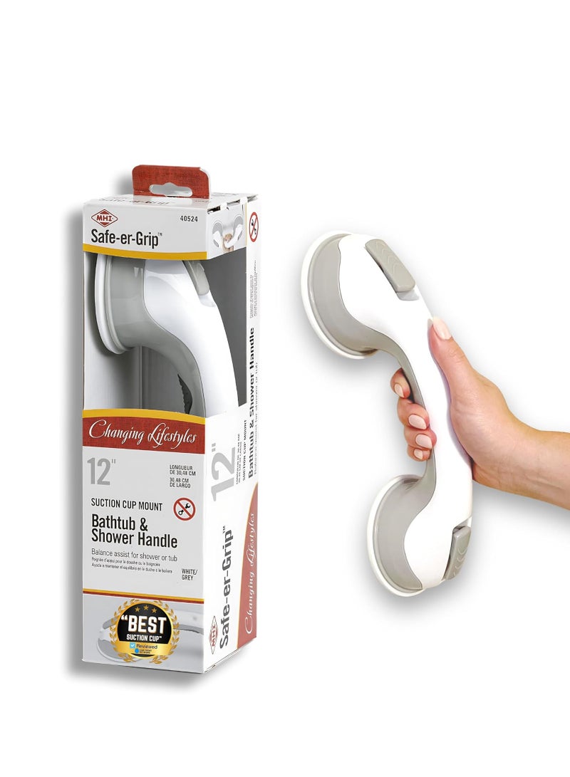 Safe-er-Grip عصا سحب آمنة Safe-er-Grip لتغيير أنماط الحياة مع أكواب شفط لحمامات الاستحمام والدش؛ مقبض مساعد آمن للحمام، أبيض ورمادي، 12 بوصة - Image 1