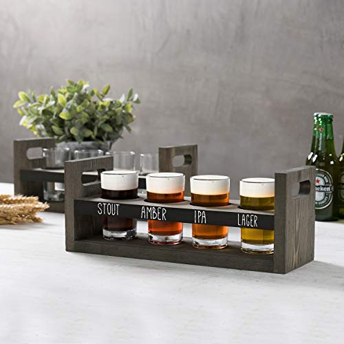 MyGift Vintage Gray Wood Beer Flight Sampler Serving Tray Caddies with Chalkboard Panels & 4 Tasting Glasses, Set of 2 - Image 3