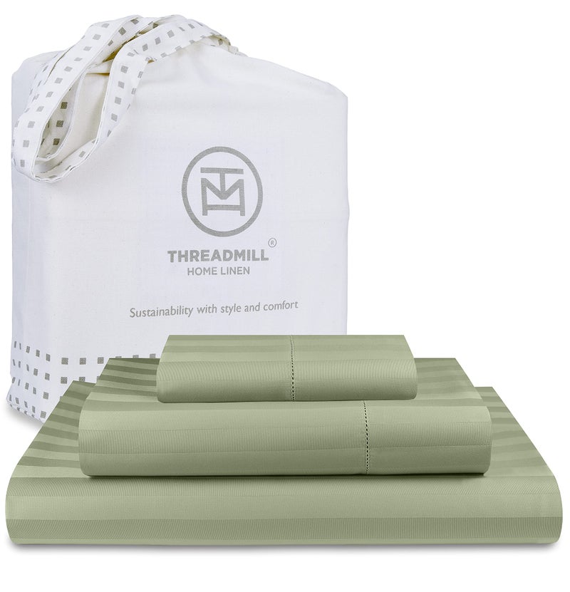 Threadmill Threadmill 500 Thread Count Twin Size Damask Stripe  3 Pc Luxury Cotton Sheet Set  Breathable & Silky Soft Sage Green Sheets with 15"" Elasticized Deep Pocket  1 Pillowcase & Free Tote Bag  - Image 1