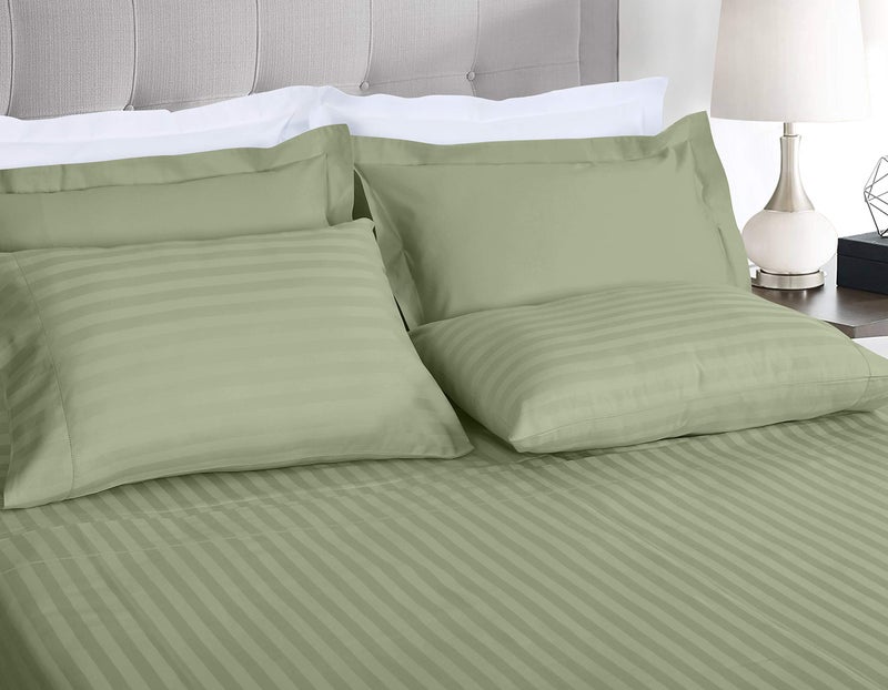 Threadmill Threadmill 500 Thread Count Twin Size Damask Stripe  3 Pc Luxury Cotton Sheet Set  Breathable & Silky Soft Sage Green Sheets with 15"" Elasticized Deep Pocket  1 Pillowcase & Free Tote Bag  - Image 2