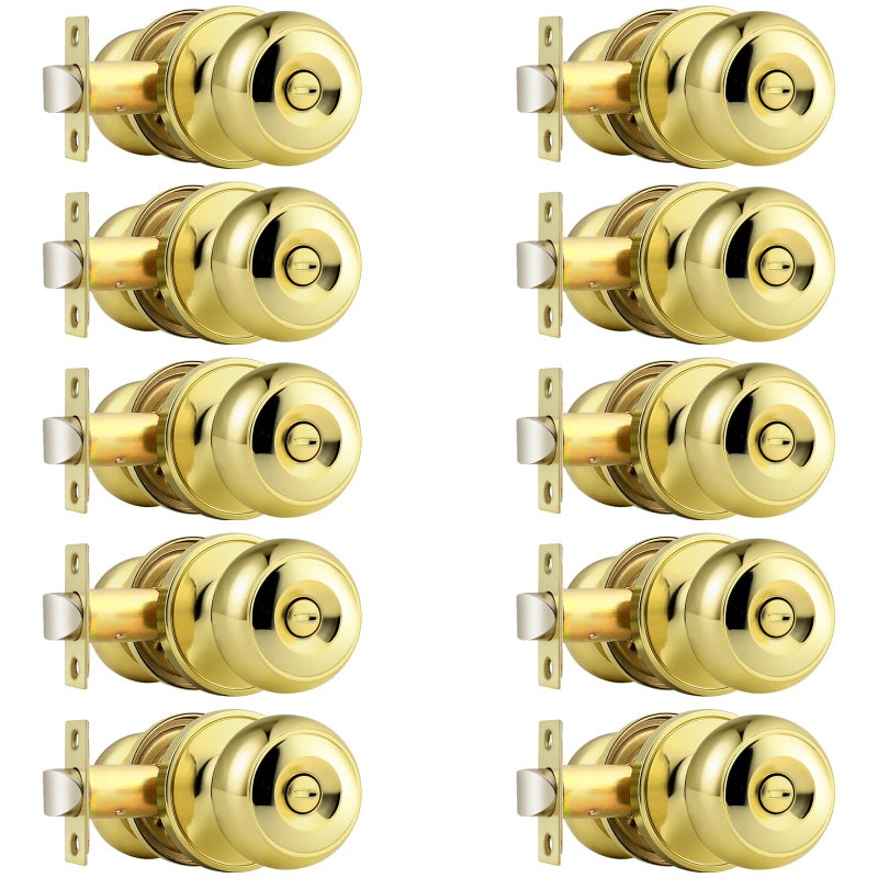Probrico Polished Brass Privacy Interior Door Knobs Bed and Bath Keyless Door Locksets 10 Pack