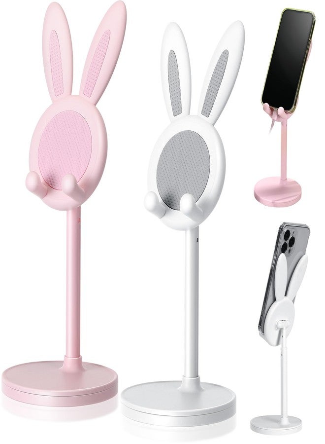 Kathfly 2 Pack Cute Bunny Phone Stand, Angle Height Adjustable Phone Stand for Desk, Kawaii Phone Holder Desk Accessories, Easter Bunny Gifts Favor for Girl Women (Pink and White) - Image 1