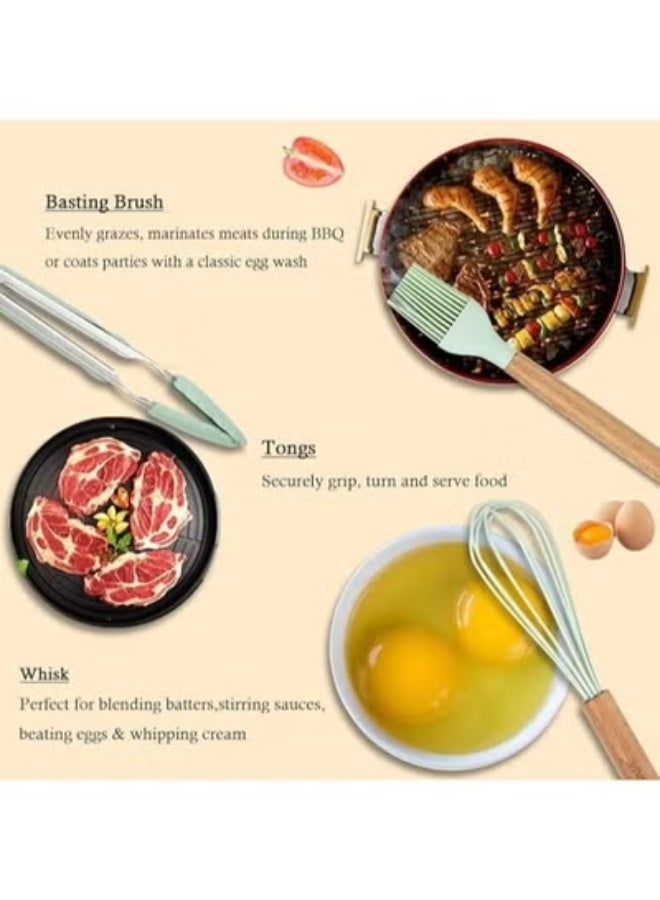 TIGER 12-Piece Silicone Kitchen Utensil Set with Wooden Handles & Holder | Heat-Resistant BPA-Free Cooking Tools | Spatula, Spoon, Turner, Tongs & More – Safe for Non-Stick Cookware | Mint Green - Image 3