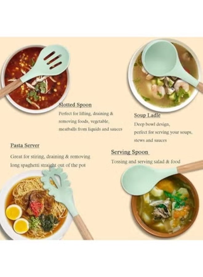 TIGER 12-Piece Silicone Kitchen Utensil Set with Wooden Handles & Holder | Heat-Resistant BPA-Free Cooking Tools | Spatula, Spoon, Turner, Tongs & More – Safe for Non-Stick Cookware | Mint Green - Image 4