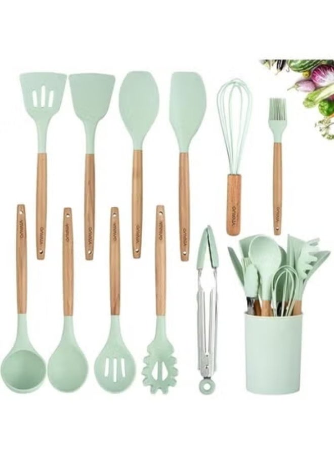 TIGER 12-Piece Silicone Kitchen Utensil Set with Wooden Handles & Holder | Heat-Resistant BPA-Free Cooking Tools | Spatula, Spoon, Turner, Tongs & More – Safe for Non-Stick Cookware | Mint Green - Image 1