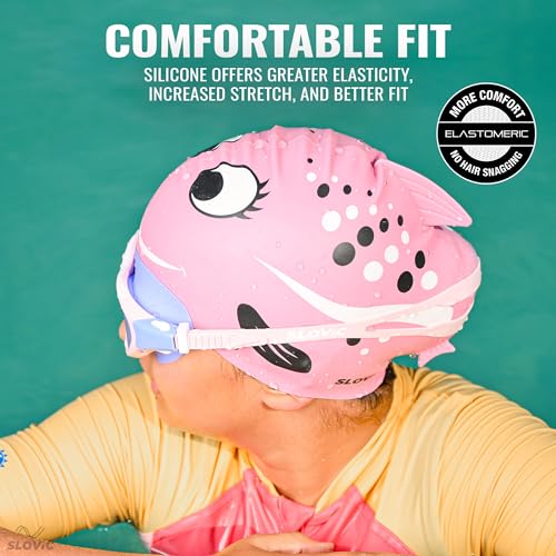 SLOVIC Swimming Cap for Kids [Red Rose] | Swimming Cap for Girls & Boys | Swimming Pool Caps for Kids | No Hair Pulling & Chlorine Resistant | Free Size Swimming Caps for Kids - Image 4