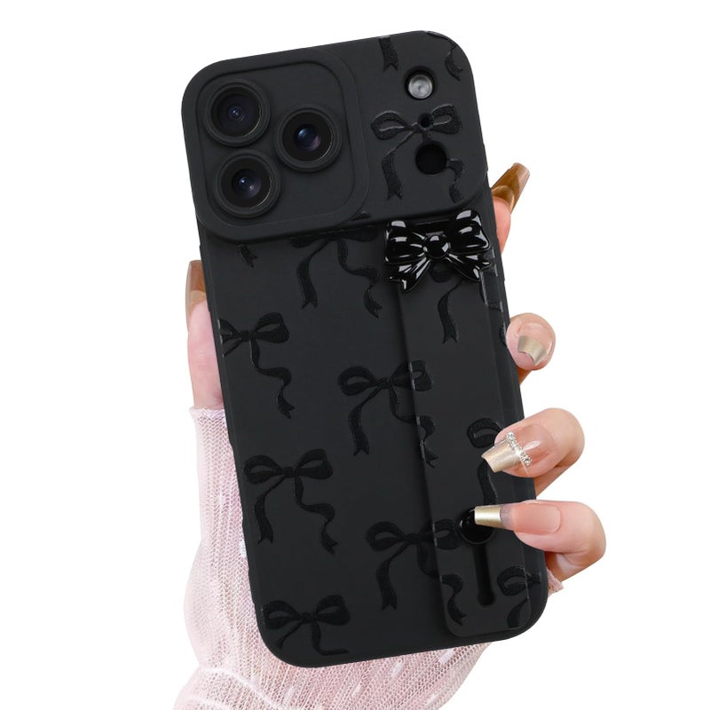 OOK Case for iPhone 17 Pro Max Case with Screen Protector, Cute Bow Design with Adjustable Wristband Strap Kickstand Slim Soft TPU Rubber for Women Girls Phone Cover-Black - Image 1