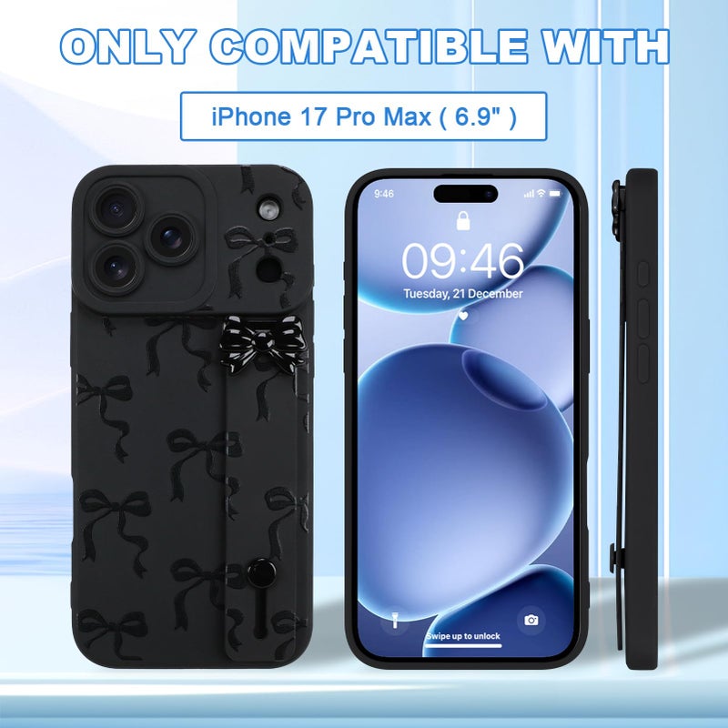 OOK Case for iPhone 17 Pro Max Case with Screen Protector, Cute Bow Design with Adjustable Wristband Strap Kickstand Slim Soft TPU Rubber for Women Girls Phone Cover-Black - Image 3