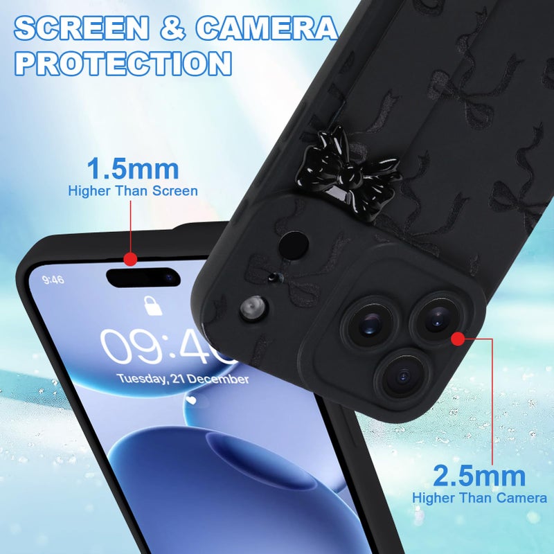 OOK Case for iPhone 17 Pro Max Case with Screen Protector, Cute Bow Design with Adjustable Wristband Strap Kickstand Slim Soft TPU Rubber for Women Girls Phone Cover-Black - Image 4