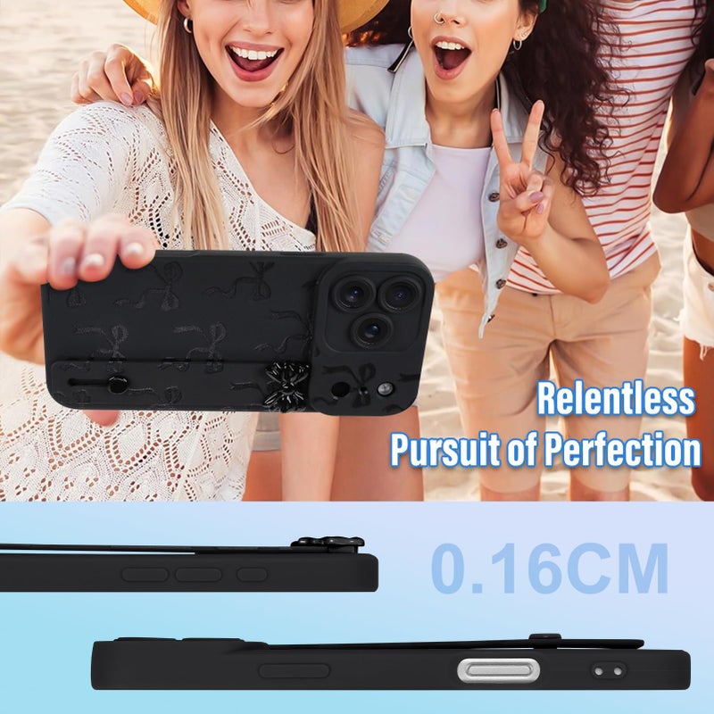 OOK Case for iPhone 17 Pro Max Case with Screen Protector, Cute Bow Design with Adjustable Wristband Strap Kickstand Slim Soft TPU Rubber for Women Girls Phone Cover-Black - Image 5