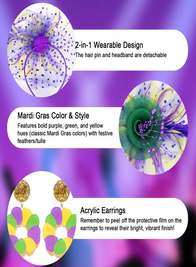 Fengek Mardi Gras Fascinators for Women, 2-in-1 Feather Mesh Headband, Mardi Gras Hair Accessories Headpiece for Carnival Tea Party - Image 3