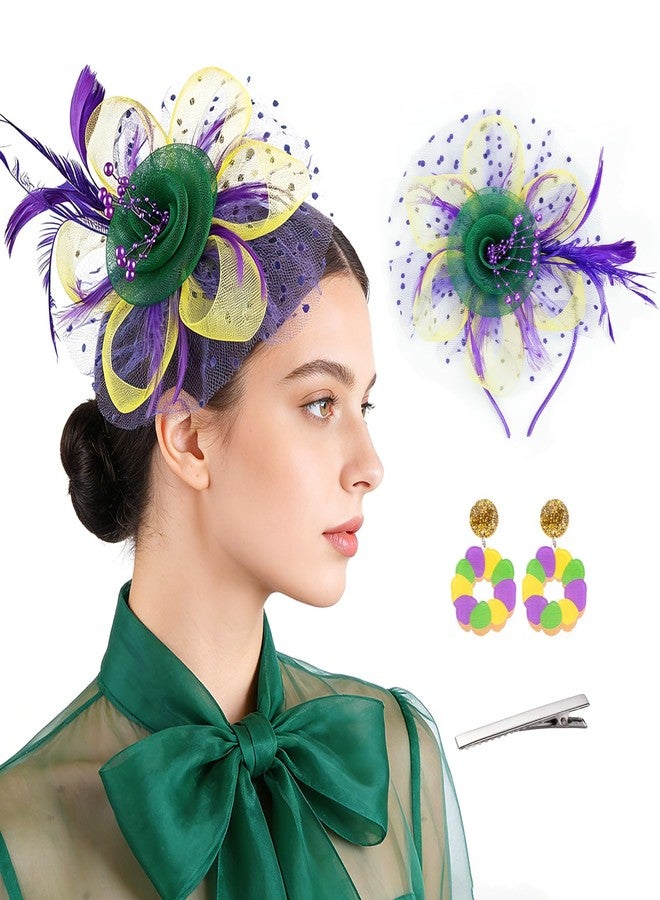 Fengek Mardi Gras Fascinators for Women, 2-in-1 Feather Mesh Headband, Mardi Gras Hair Accessories Headpiece for Carnival Tea Party - Image 1