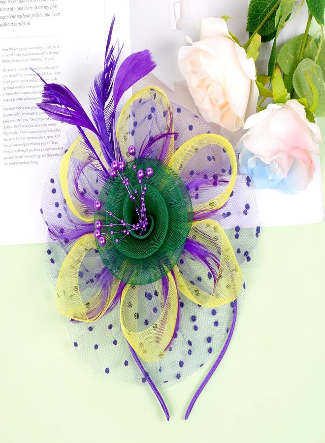Fengek Mardi Gras Fascinators for Women, 2-in-1 Feather Mesh Headband, Mardi Gras Hair Accessories Headpiece for Carnival Tea Party - Image 4
