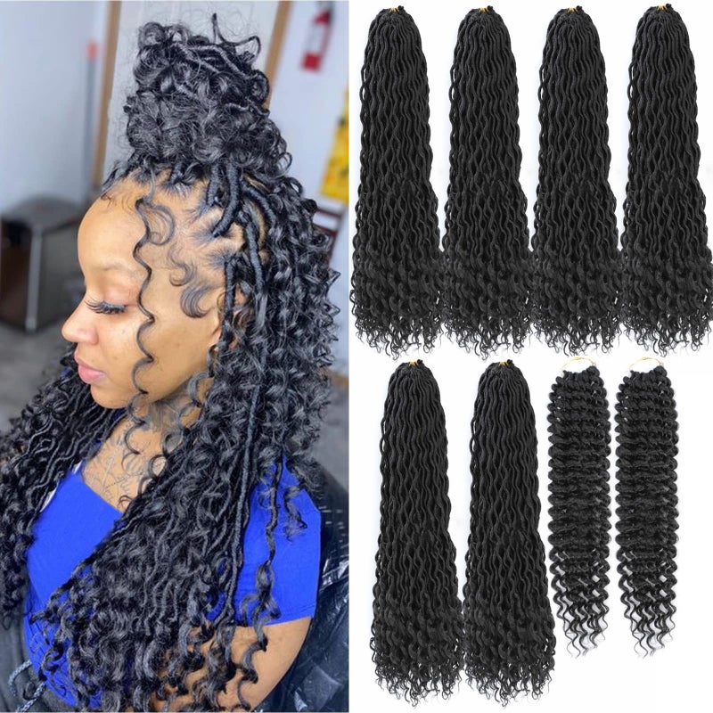 YOROSTAR 8 Packs New Goddess Locs Crochet Hair 18 Inch River Locs Braids Hair Boho Faux Locs Wavy Crochet Hair with Curly End Boho Style Synthetic Braid Hair for Black Women 1B 18inch