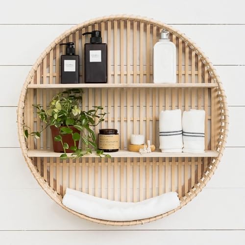 Synovana Rattan Wall Shelf 3 Tier Boho Wall Mounted Shelf Farmhouse Handcraft Round Floating Shelf Display Rack Storage Circular Hanging Shelf for Livingroom Home Decor - Image 1