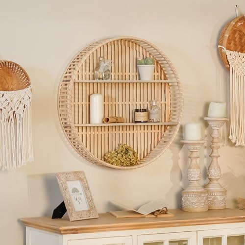 Synovana Rattan Wall Shelf 3 Tier Boho Wall Mounted Shelf Farmhouse Handcraft Round Floating Shelf Display Rack Storage Circular Hanging Shelf for Livingroom Home Decor - Image 5