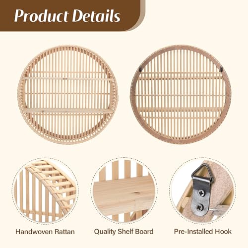 Synovana Rattan Wall Shelf 3 Tier Boho Wall Mounted Shelf Farmhouse Handcraft Round Floating Shelf Display Rack Storage Circular Hanging Shelf for Livingroom Home Decor - Image 2