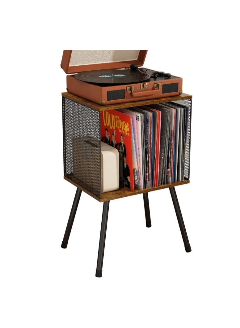 Forthcan Record Player Stand with Storage for Up to 100 Albums, Retro Vinyl Record Holder, Adjustable Divider, Book/LP Storage Organizer, Vinyl Table for Bedroom & Living Room - Image 1