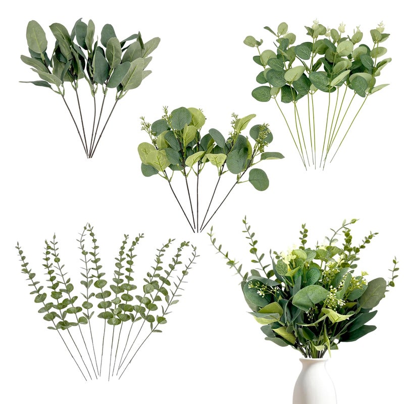 Holyenten 30 Pcs Eucalyptus Stems Bulk, 4 Kinds Mixed Artificial Silver Dollar Eucalyptus Greenery Branches for Wedding Centerpieces, Floral Arrangements, Vase Bouquet Home Decor - Image 1