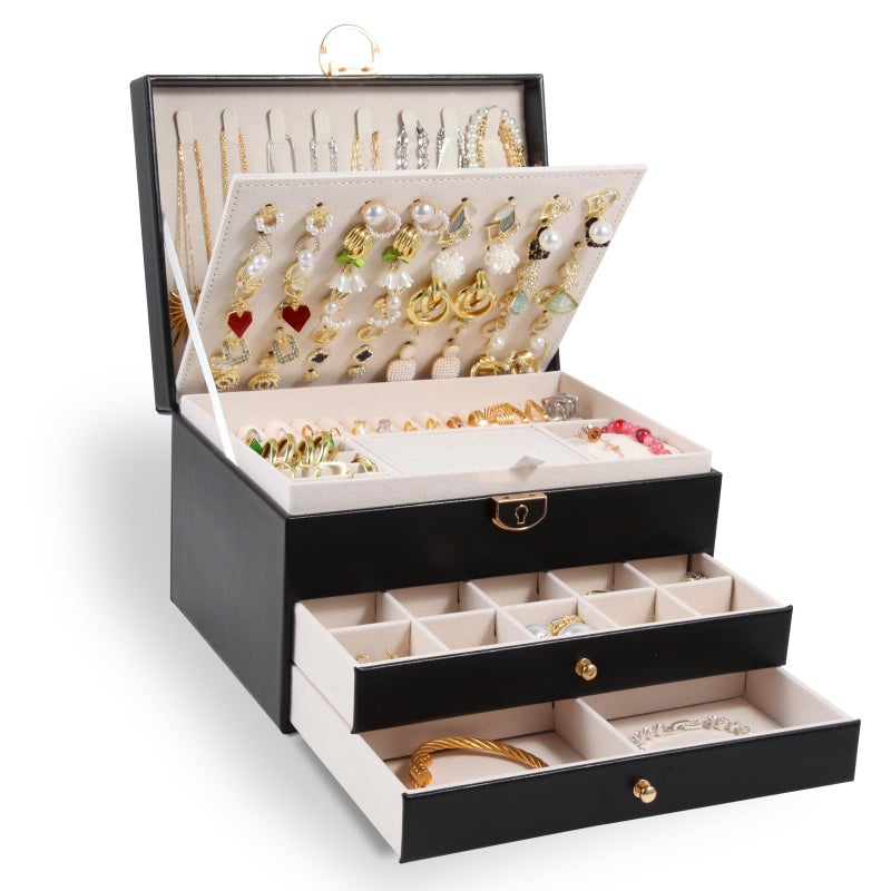 Unimoly 3-Layer Jewelry Box for Women, Jewelry Organizers and Storage with Removable Jewelry Tray, Vintage Quilted Top Lockable Jewelry Holder Gift Idea Black - Image 1